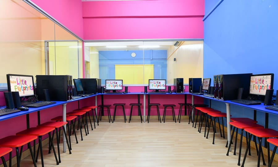 Computer centre with a row of computers